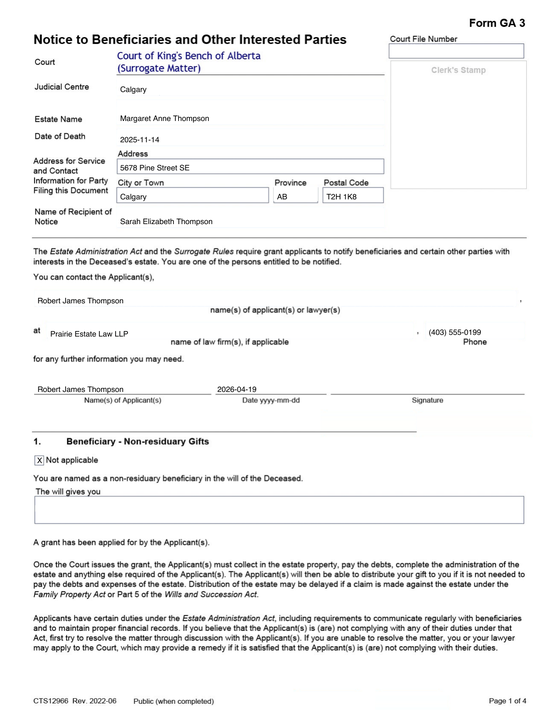 GA3 Notice to Beneficiaries rendered by Probbie