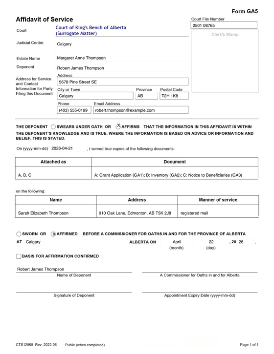 GA5 Affidavit of Service rendered by Probbie